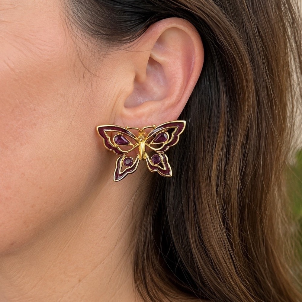 VTG Vonelle Butterfly Earrings NOS Swarovski Crystal Purple Enamel Gold Tone